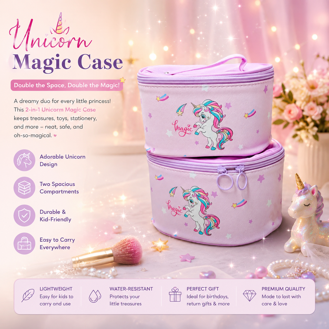 Unicorn Magic Vanity & Storage Case – Pink (2-Piece Set)