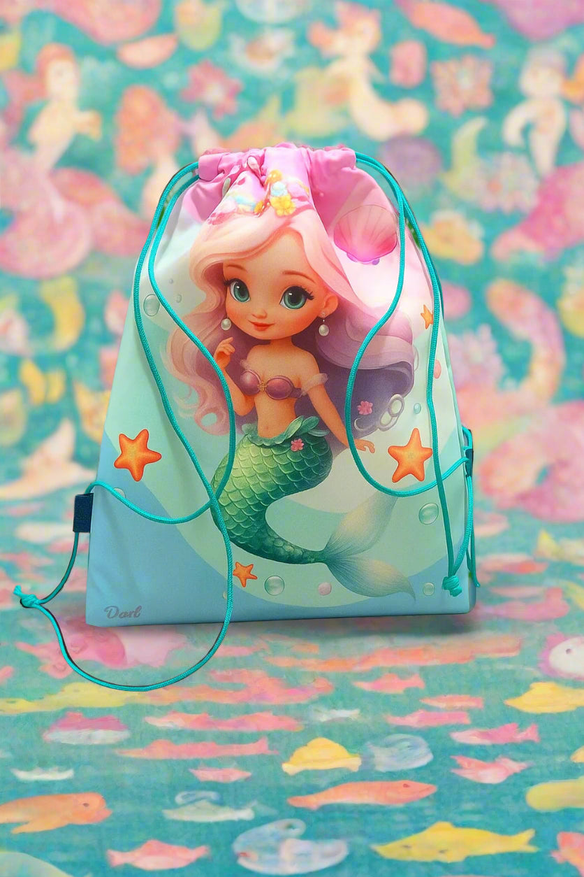 Mermaid-themed drawstring bag with a colorful background
