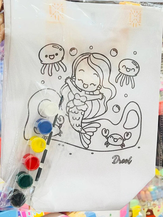 Coloring bag with mermaid design and coloring supplies on a shelf.